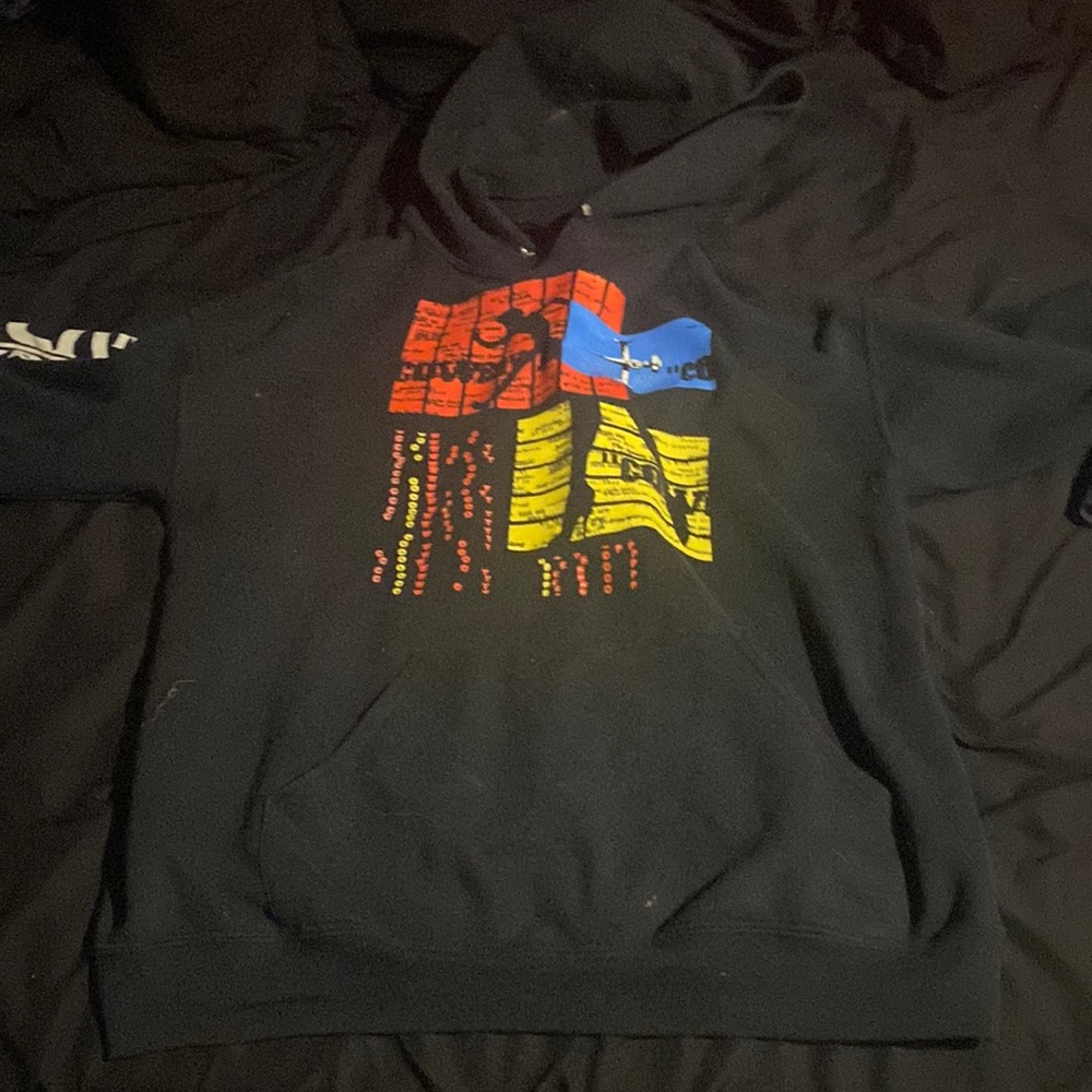 black hoodie with cowboy show graphics